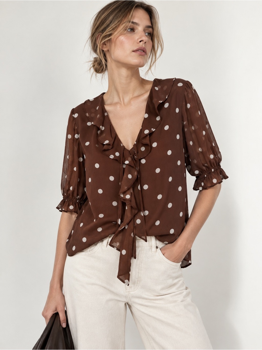 Women's Polka Dot Ruffle Tie-Neck Blouse - Brown